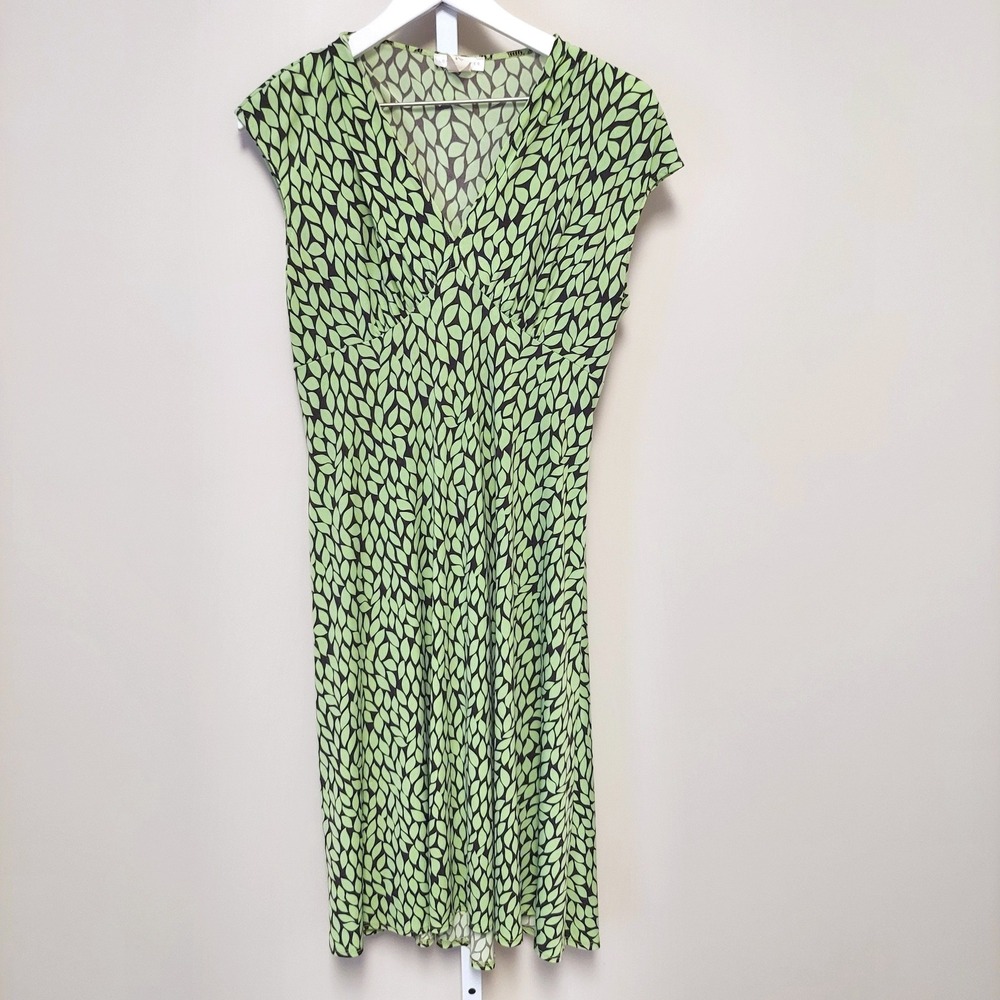 London Times Women's Green Leaf Print Midi Dress V Neck Cap Sleeve 10 Fairy